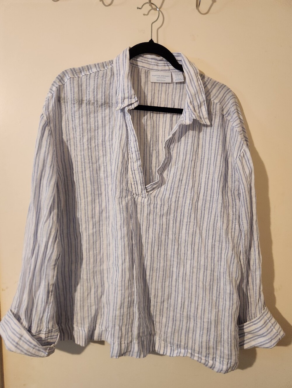 Light Blue and White Striped Men's Linen Shirt Large